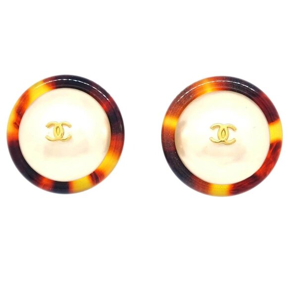 Chanel Earrings Clip-On Button Artificial Pearl Gold 97P 176786 - Picture 1 of 8